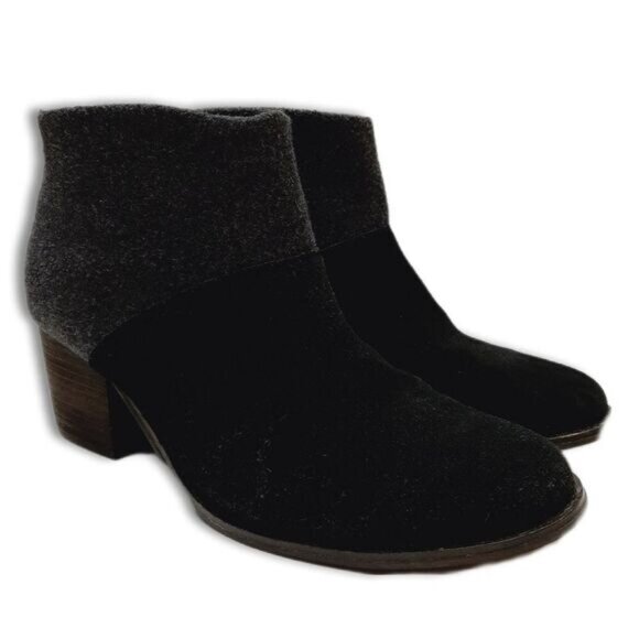 TOMS Lacy Suede & Felt Ankle Boots Chunky Block Heel Colorblock Black Grey Sz 9 - Picture 1 of 16